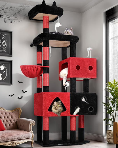 Globlazer Extra Large Gothic Cat Tower, 81-inch Tall Goth Cat Tree for Big Cats 20 lbs, XXL Heavy Duty Cat Scratching Tower for Indoor Adult Cats with 3 Cat Condos, 8 Scratching Posts, F81, Red Black