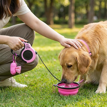 PETIMP Retractable Dog Leash Lightweight 16FT Leash, with Folding Bowl,Dispenser,Waste Bags, for Small Medium Dogs(Pink)
