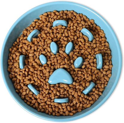 Dog Slow Feeder Bowl, Round Ceramic Pet Food Bowl for Medium Breed, Fun Raised Dog Bowls to Slow Down Eating (Turquoise)