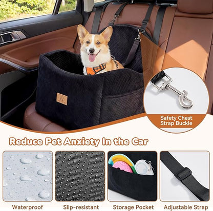 Dog Car Seat for Medium/Small Dogs, Dog Booster Car Seat, Pet Booster Seats Up to 40lbs with Waterproof Layer, 3 Storage Pockets and Safety Belt (Black)