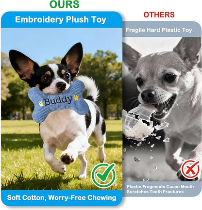 2026 Birthday Squeaky Dog Toys, Embroidered Bone Shape Blue Corduroy Pet Pillow 8"x5", Soft Cotton Filled Cute Fun Dog Chew Puzzle Toy Birthday Gifts for Small Medium Dogs(Happy Birthday)
