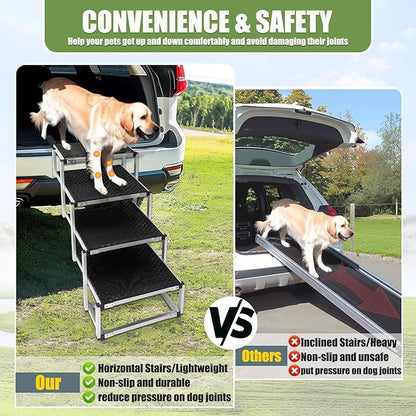 Foldable Dog Stairs with Non-Slip Surface - Portable Aluminum Dog Steps for Trucks, SUVs & Cars - 4 Steps