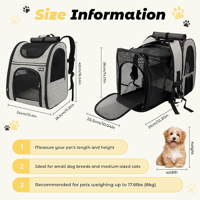 Zavothy Cat Backpack Carrier, Expandable Airline Approved Pet Backpack for Small Cats & Dogs, Breathable Mesh Cat Carrier Backpack with Padded Bottom, Foldable Travel Bag - Grey