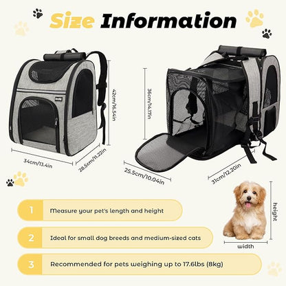 Zavothy Cat Backpack Carrier, Expandable Airline Approved Pet Backpack for Small Cats & Dogs, Breathable Mesh Cat Carrier Backpack with Padded Bottom, Foldable Travel Bag - Grey