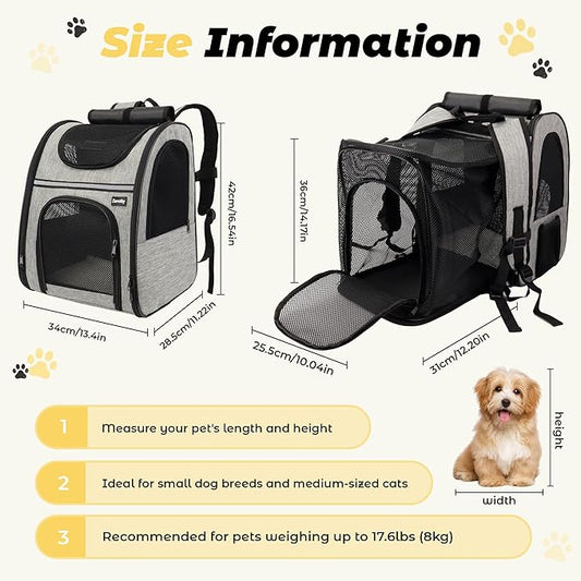 Zavothy Cat Backpack Carrier, Expandable Airline Approved Pet Backpack for Small Cats & Dogs, Breathable Mesh Cat Carrier Backpack with Padded Bottom, Foldable Travel Bag - Grey