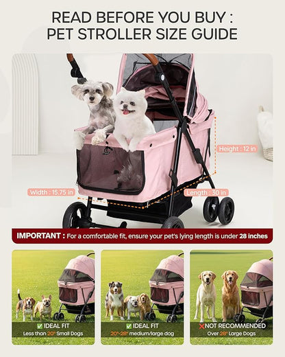 Dog Stroller for Large & Medium Dogs (20–132 lbs), Pet Stroller for 2 Small Dogs, Extra Large Heavy Duty, Foldable & Ventilated, Pink or Navy