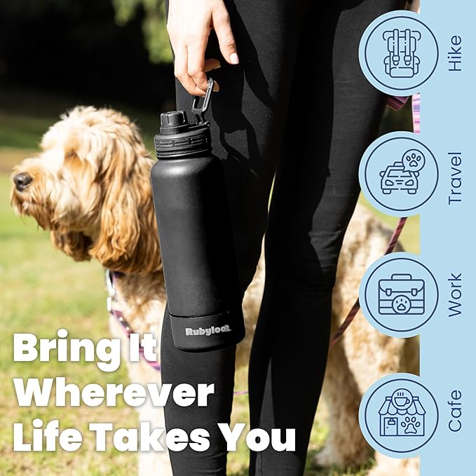 Dog Water Bottle for Dog Lovers - 32 oz Stainless Steel Double Wall Insulated Water Bottle with 8 oz Detachable Bowl on Bottom for Doggy Mom & Dad for Hiking, Walks, Travel - Black