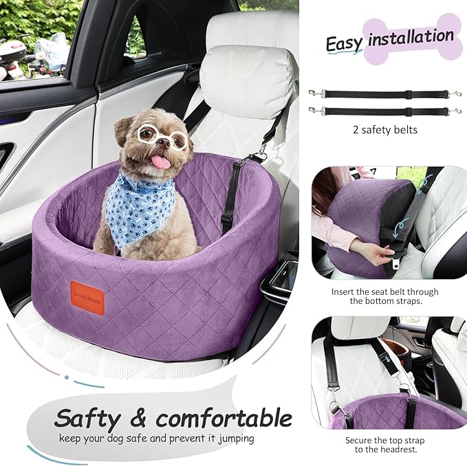 Lealchum Dog Car Seat for Small Dogs Up to 30 Lbs,Ultra Soft Fabric Fill in Comfy Memory Foam,Happy Pet Ride,2 Safety Dog Leashes,Fully Detachable and Washable,Anti Slip Base(Purple)