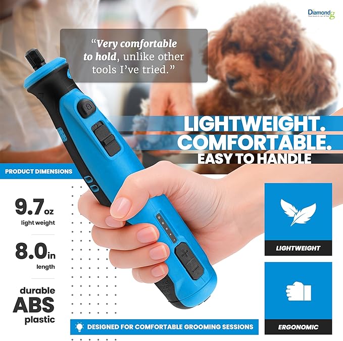 Diamondg Cordless Dog Nail Grinder with Quiet Sound & LED Tip for Large & Small Dogs, 4hrs. Runtime - Electric Dog Nail Trimmer, Heavy Duty Rotary Tool Alternative to Toenail Clippers & Filers