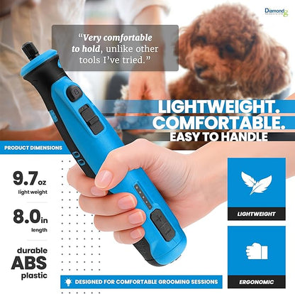 Diamondg Cordless Dog Nail Grinder with Quiet Sound & LED Tip for Large & Small Dogs, 4hrs. Runtime - Electric Dog Nail Trimmer, Heavy Duty Rotary Tool Alternative to Toenail Clippers & Filers