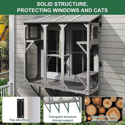 Cat Catio, Expandable Window Box Enclosure for Multiple Indoor Cats, Comfortable Wooden Small Pet Perch House, All-Weather Use, Keep Bugs Insects Out, with 4 Platforms and 3 Doors