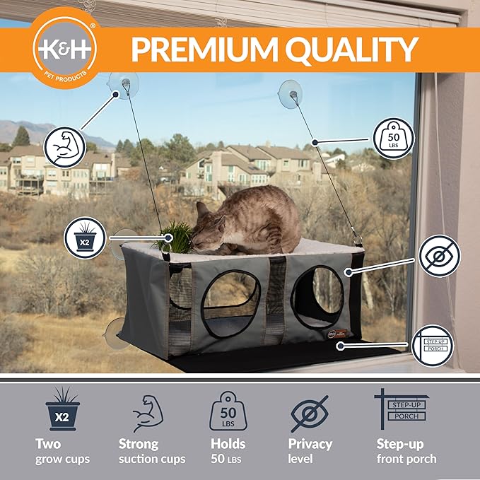 K&H Pet Products EZ Mount Cat Window Perch Penthouse Kitty Sill with Cat Grass Grow Station - 2 Level Hammock Window Bed for Indoor Pets, Home Grown Grass Toy for Bored Indoor Felines