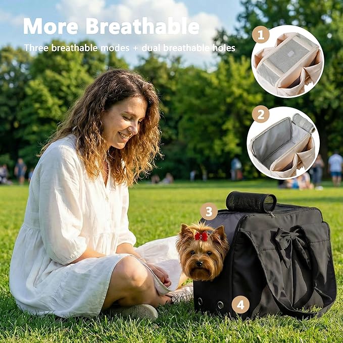 Dog Purse Carrier for Small Dogs, Soft Dog Tote Bag Carrier with 4 Large Pockets, No Collapse, Lightweight, Smart Zipper Lock, Comfortable Puppy Cats Rabbit Carrier for Travel, Outdoor(Black)