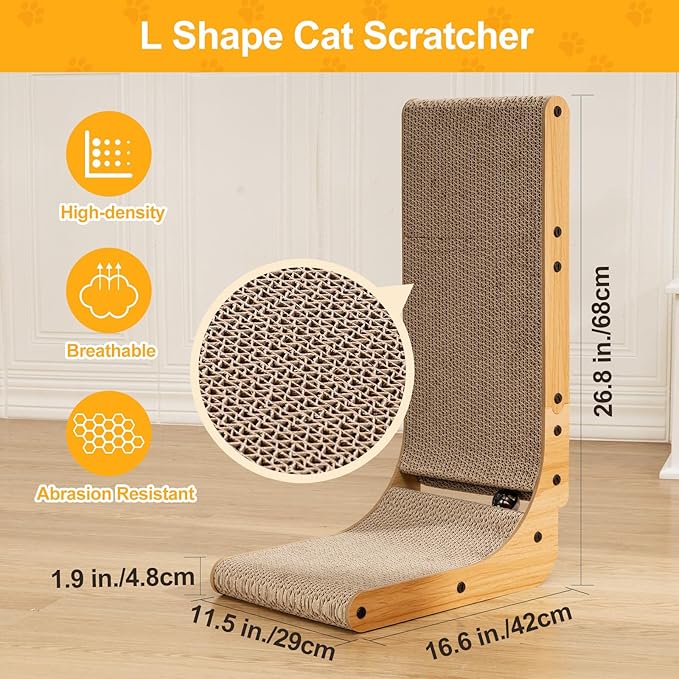 Poils bebe L Shape Cat Scratcher, 26.8 Inch Cat Scratchers for Indoor Cats, Protecting Furniture Cat Scratch Pad, Cardboard Cat Scratching with Ball Toy, Catnip, Large
