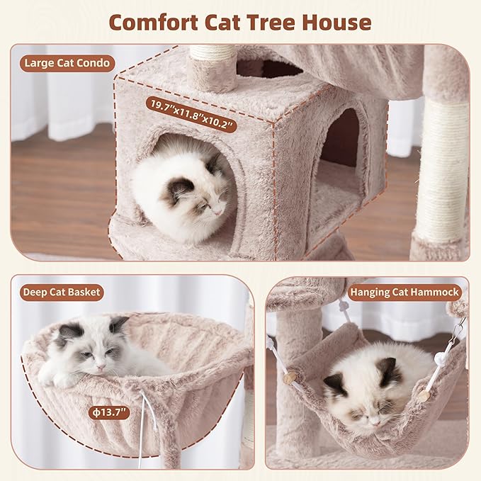 Cat Tree, Cat Tower for Large Cats with 2 Big Platforms, 2 Baskets, condo and Toys, 63" Cat Scratching Posts for Indoor Cats, Muchroom GCT020MU