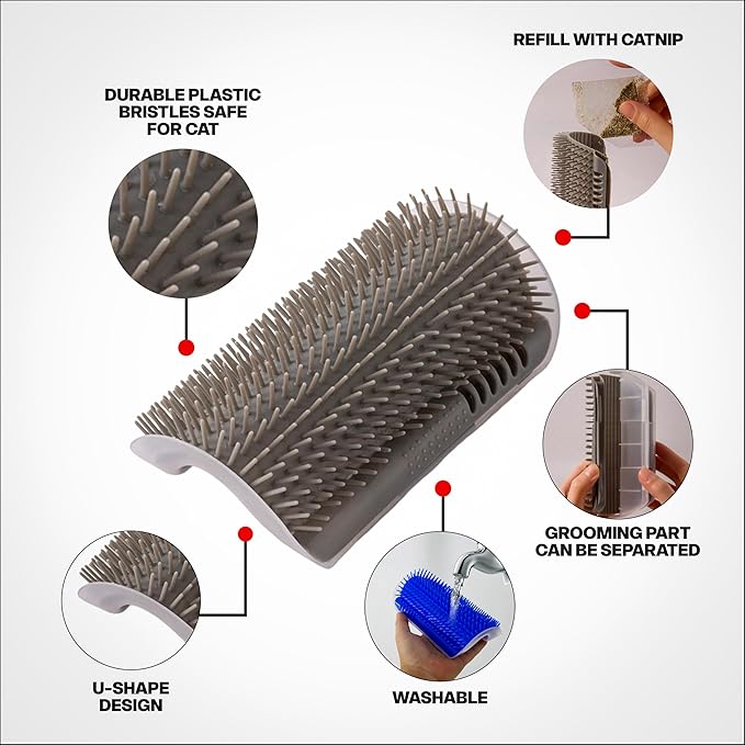Extended 6.1 Inch Cat Self Groomer 2 Pack Corner Wall Brushes with Catnip, Adhesive & Screws, Cat Face Massager Comb for Indoor Cats, Wall Mounted Grooming Station, Durable & Easy to Clean