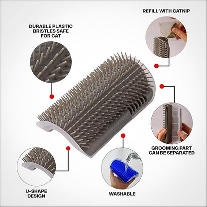 Extended 6.1 Inch Cat Self Groomer 2 Pack Corner Wall Brushes with Catnip, Adhesive & Screws, Cat Face Massager Comb for Indoor Cats, Wall Mounted Grooming Station, Durable & Easy to Clean