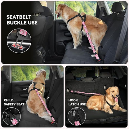 Pawaboo 2Pack Dog Seatbelt for Car, Dog Car Seat Belt Bungee, Dogs Tether for Cars with Buckle & Hook Latch, Adjustable Reflective Dogs Cars Harness Leash with 360° Lockable Buckle, Pink Camouflage
