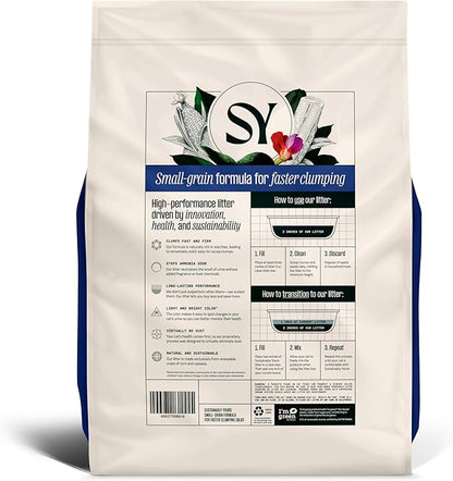 Sustainably Yours Natural Cat Litter, Small-Grain Formula, Exceptional Clumping & Odor Control, Virtually No Dust, Soft on Paws, Corn & Cassava Plant-Based, Unscented, 10 lbs
