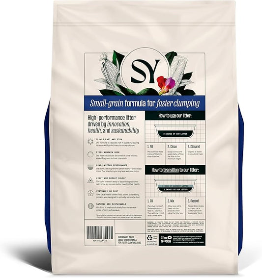 Sustainably Yours Natural Cat Litter, Small-Grain Formula, Exceptional Clumping & Odor Control, Virtually No Dust, Soft on Paws, Corn & Cassava Plant-Based, Unscented, 10 lbs