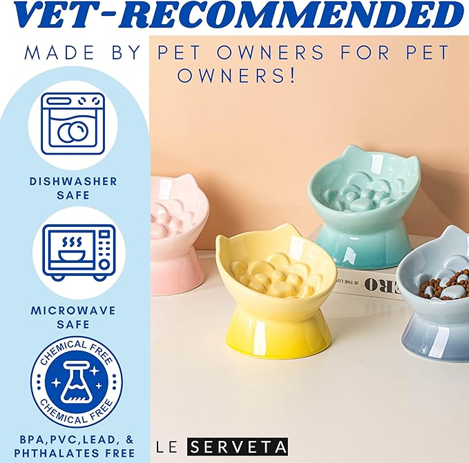 Macarons Series Ceramic Slow Feeder Cat Bowl, Raised Puzzle Feeder, Anti Vomiting Cat Slow Feeding, Elevated Food Bowl, Whisker Friendly Pet Bowl with Cute Ear Design (Gradient Pink)