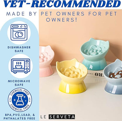 Macarons Series Ceramic Slow Feeder Cat Bowl, Raised Puzzle Feeder, Anti Vomiting Cat Slow Feeding, Elevated Food Bowl, Whisker Friendly Pet Bowl with Cute Ear Design (Gradient Pink)