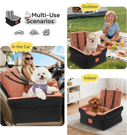 NEEZUKAR Dog Car Seats for Small/Medium Dogs, Elevated Memory Foam Dog Booster Seat, Detachable Washable Pet Car Seat with Safety Belts & Storage Pockets (Black-Brown)