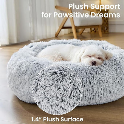 JOLLYVOGUE Small Dog & Cat Beds for Indoor Cats - 20 inches Calming Donut Dog Bed for Kittens & Puppies, Washable Round Fluffy Plush Faux Fur Pet Beds (Smoke Grey)