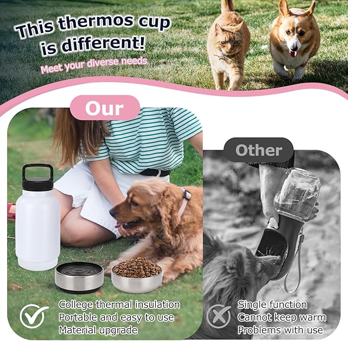 Dog Travel Water Bottle, 3 in 1 Stainless Steel Insulated Dog Water Bottle for Dogs, Portable Travel Dispenser with 2 Removable Bowls for Walking, Hiking, Camping, Outdoor (White, 32OZ)