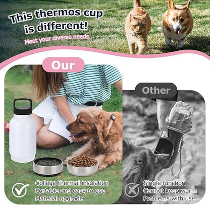 Dog Travel Water Bottle, 3 in 1 Stainless Steel Insulated Dog Water Bottle for Dogs, Portable Travel Dispenser with 2 Removable Bowls for Walking, Hiking, Camping, Outdoor (White, 32OZ)
