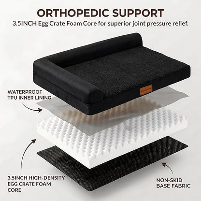 Patas Lague Orthopedic XL Dog Bed Large Sized Dog 42''X28'', Waterproof L Bolster Big Pet Sofa Beds with Removable Washable Cover, Soft Comfortable Pet Couch Crate Mat with Nonskid Bottom, Black