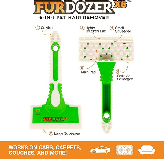 FurDozer Pet Hair Remover & Auto Detailing Tools - Cat & Dog Hair Remover for Carpets, Car Interiors, Couches, Bedding, & Pet Furniture (Green, (2 Pack) - X6)