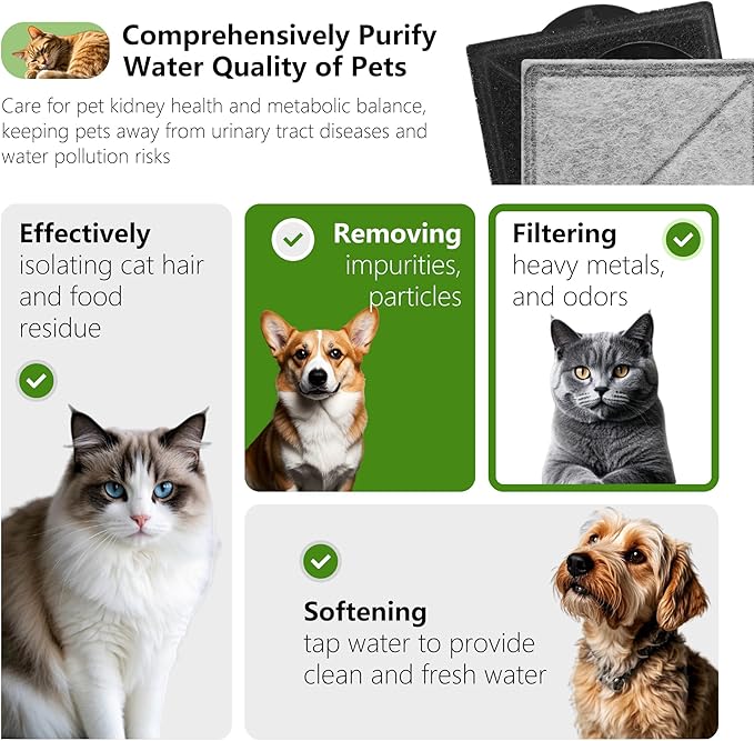 Cat Water Fountain Replacement Charcoal Filter Square Compatible with Petsafe Premier, Ion-X, Outlast Pumpless & Viva Pet Water Fountain, Carbon Filters for Cat and Dog Indoor (BLACK, 6 PACK)