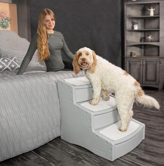 Pet Gear Easy Step III Extra Wide Pet Stairs, 3 Step for Dogs/Cats up to 200 pounds, Removable/Washable Carpet, Easy Assembly (No Tools Required), Essential Grey