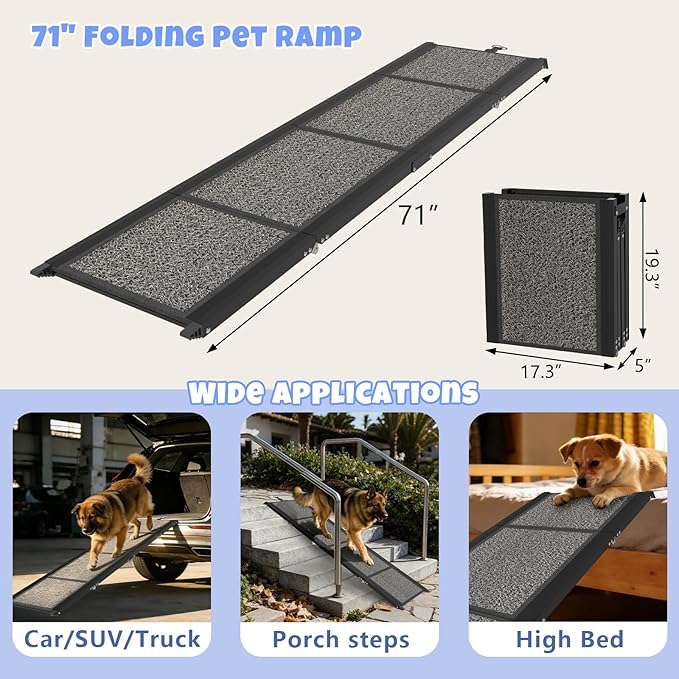 Dog Ramp for Car 71" x 17", Folding Pet Ramp for Large Dogs with Non-Slip Rug Surface, Portable Dog Car Ramp for SUV Car & Truck