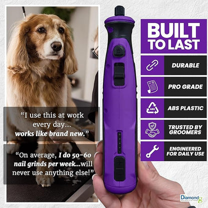 Diamondg Cordless Dog Nail Grinder with Quiet Sound & LED Tip for Large & Small Dogs, 4hrs. Runtime - Electric Dog Nail Trimmer, Heavy Duty Rotary Tool Alternative to Toenail Clippers & Filers
