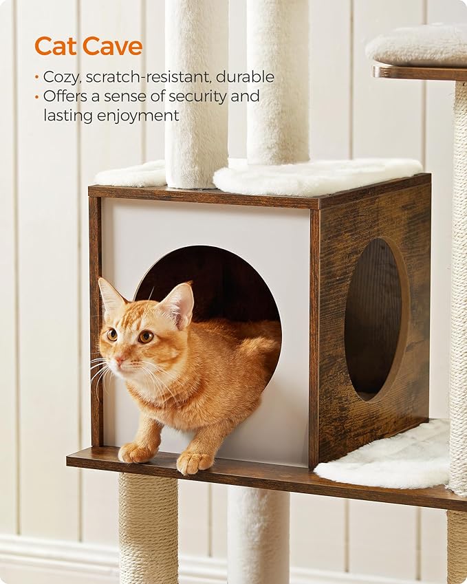 Feandrea Cat Tree, 64.6-Inch Modern Cat Tower, Multi-Level Condo with 5 Scratching Posts, Perch, Washable Removable Cushions, Cave, Rustic Brown UPCT166X01