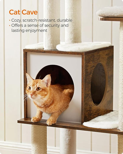 Feandrea Cat Tree, 64.6-Inch Modern Cat Tower, Multi-Level Condo with 5 Scratching Posts, Perch, Washable Removable Cushions, Cave, Rustic Brown UPCT166X01