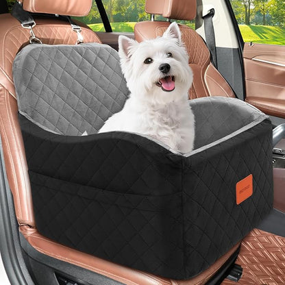 Dog Car Seat for Small & Medium Dogs, Detachable & Washable Booster Seat for Pets Up to 35lbs, Pet Travel Bed with Storage Pockets and Safety Belt (Black/Grey, Medium)