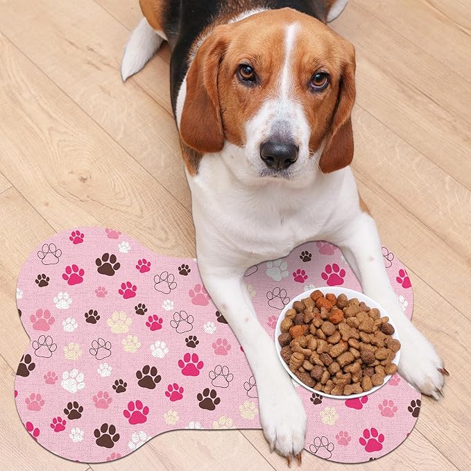 Pet Dog Cat Food Mat, Absorbent Bone Shaped Dog Bowl Mats for Food and Water, Non Slip Cute Dogs Cat Placemats Feeding Mat with Rubber for Floors Indoor Puppy Pet Accessories Supplies 16"x24" Pink