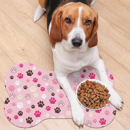 Pet Dog Cat Food Mat, Absorbent Bone Shaped Dog Bowl Mats for Food and Water, Non Slip Cute Dogs Cat Placemats Feeding Mat with Rubber for Floors Indoor Puppy Pet Accessories Supplies 16"x24" Pink
