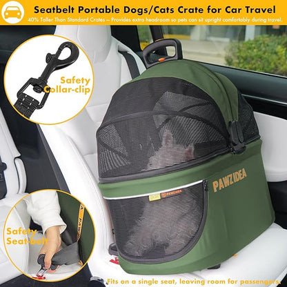 PAWZIDEA Portable Small Dog Crate for Car Travel up 33lbs, Enclosed Dog Car Seat Soft-Sided, Escape-Proof Reversible No-Zip Canopy, Foldable Pet Carrier Seatbelt for Small Medium Puppies & Cats Kennel
