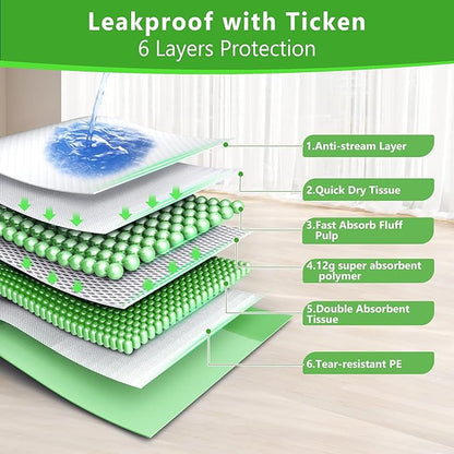 Gimars XL 6-Layer Ultra Absorbent 1200ml 48-Hour Leak-Proof Dog Pee Pads, Quick Dry Extra Large Puppy Pads for Puppy Training, Senior & Incontinent Dogs, Cats, Overnight Use, 30"x36", 50 Count Green