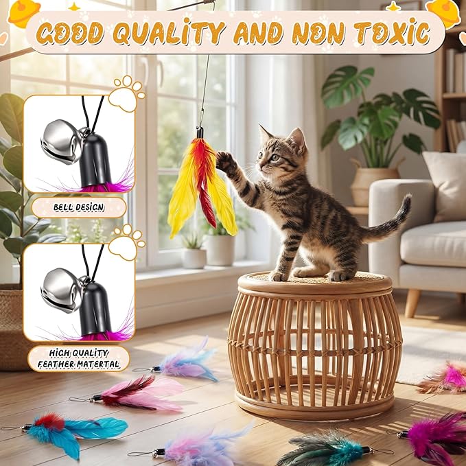 Leitee 50 Pcs Cat Feather Toys Bulk Refills Cat Wand Replacement Feathers Toy Interactive for Indoor Cats Kitten Worm Toy for Cats (Vibrant Color,Classic Style)