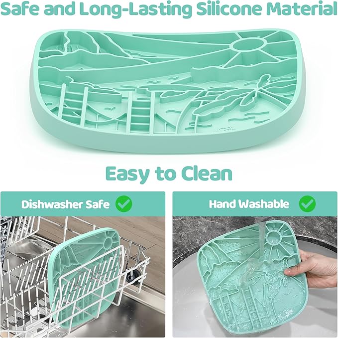 Puzzle Feeder Snuffle Mat and Lick Mat for Dogs, California Textured Slow Feeder, 0.75 Inch Thin Silicone Mat Holds 3 Cups, Dishwasher and Microwave Safe, Green