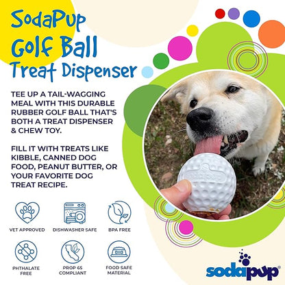SodaPup Golf Ball – Durable Dog Treat Dispenser & Chew Toy Made in USA from Non-Toxic, Pet Safe, Food Safe Rubber Material for Mental Stimulation, Problem Chewing, Calming Nerves, & More