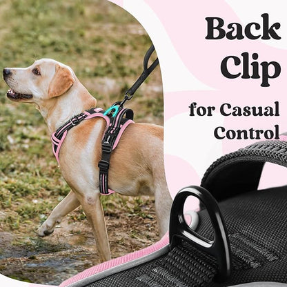 rabbitgoo Dog Harness Medium Sized, No Pull Pet Harness with 3 Buckles, Adjustable Soft Padded Vest with Control Handle, Walking Reflective Pet Vest for Medium Dogs, Black & Pink, M
