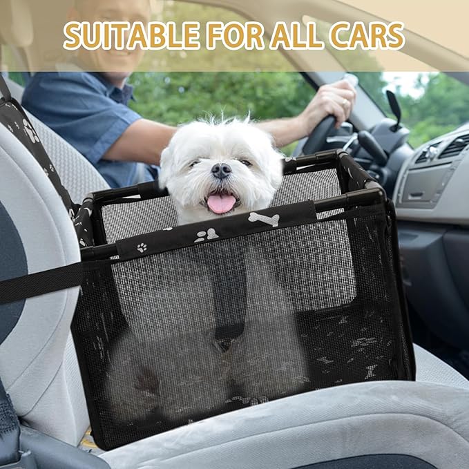 PetsHome Dog Car Seat Foldable Dog Car Booster Seat Waterproof Breathable Oxford Travel Bag for Small to Medium Dogs, Puppies, and Pets-Pattern Black-Upgrade