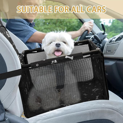 PetsHome Dog Car Seat Foldable Dog Car Booster Seat Waterproof Breathable Oxford Travel Bag for Small to Medium Dogs, Puppies, and Pets-Pattern Black-Upgrade