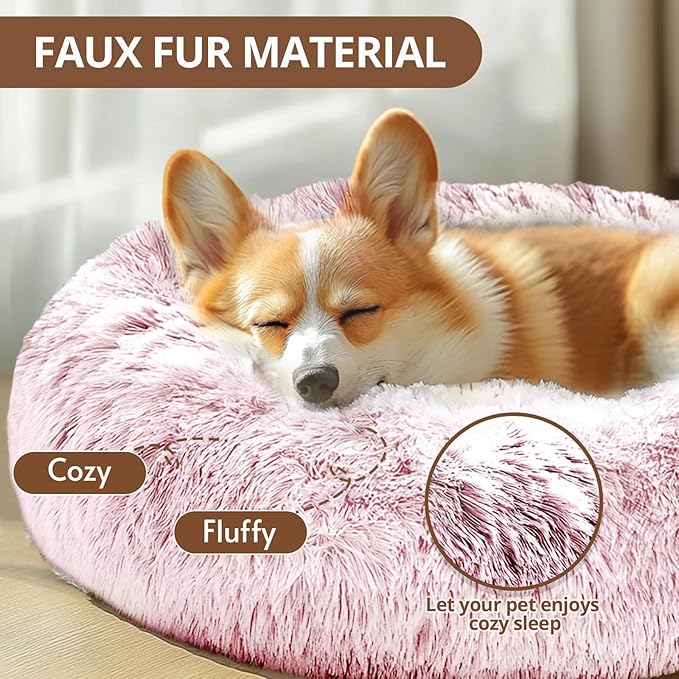 JOLLYVOGUE Calming Dog Beds Large Sized Dog, 36in Donut Washable Large Pet Bed, Anti-Slip & Anti-Anxiety Fluffy Faux Fur Round Dogs Bed, Fits up to 80 lbs Pets (Smoke Pink)